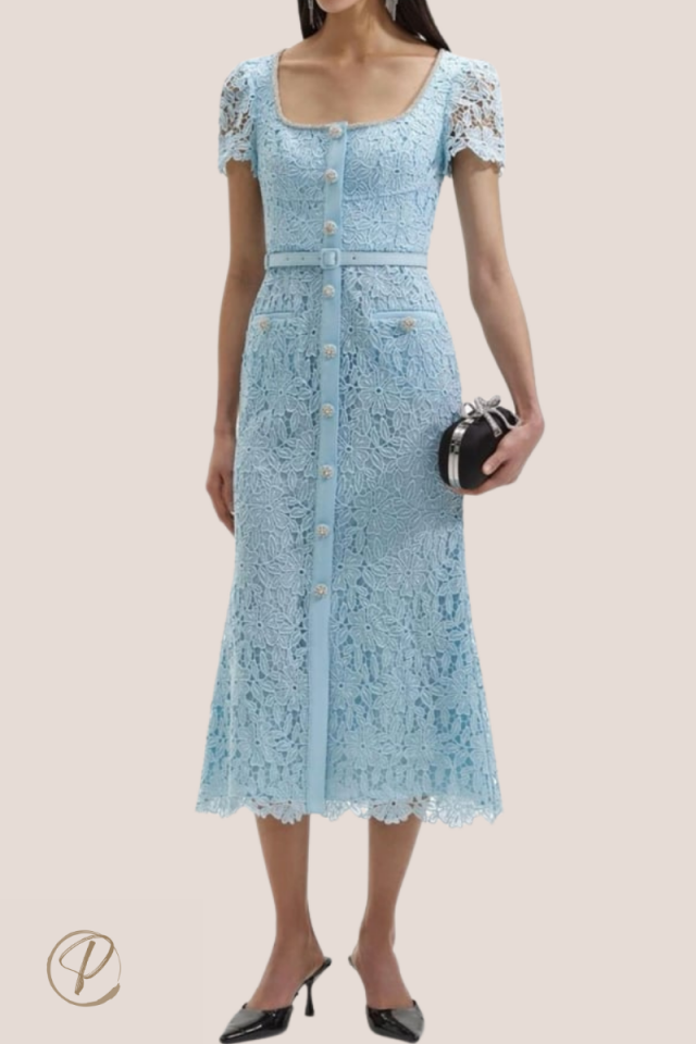 Mavi Kristal Düğmeli Güpür Midi Elbise