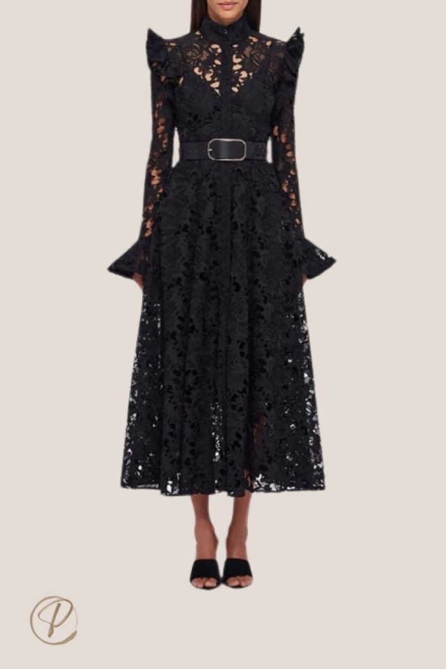 Güpür Midi Kemerli Elbise