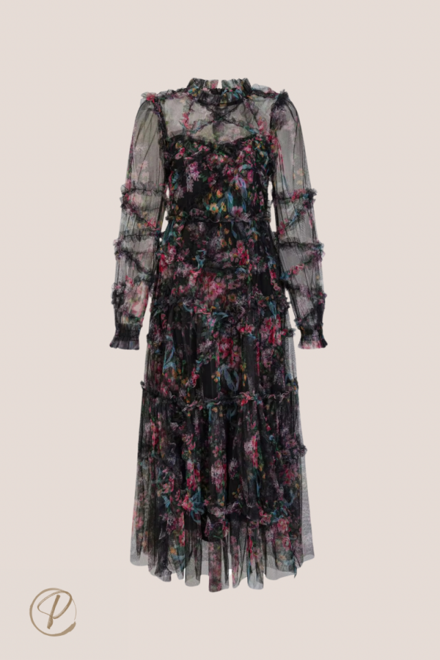 Çiçekli Fırfırlı Midi Elbise