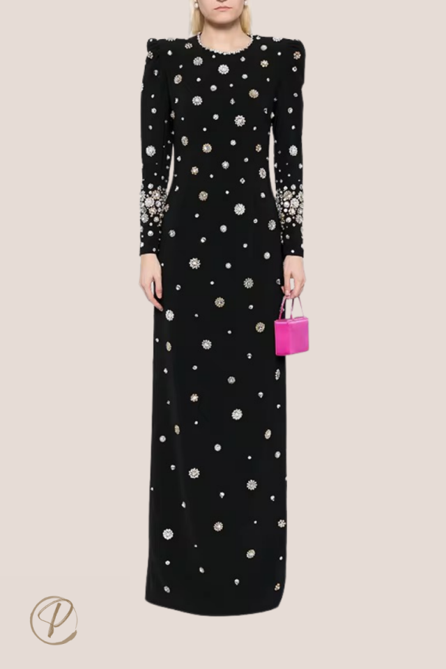Taşlı Maksi Siyah Kalem Elbise