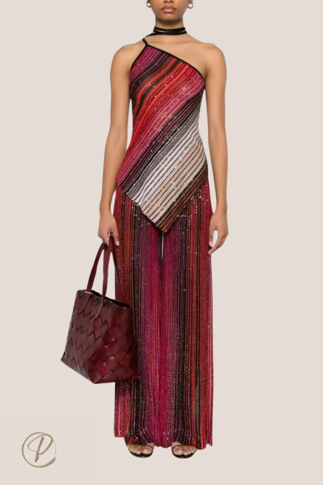 Tek Omuzlu Simli Premium Bluz ve Pantolon Takım