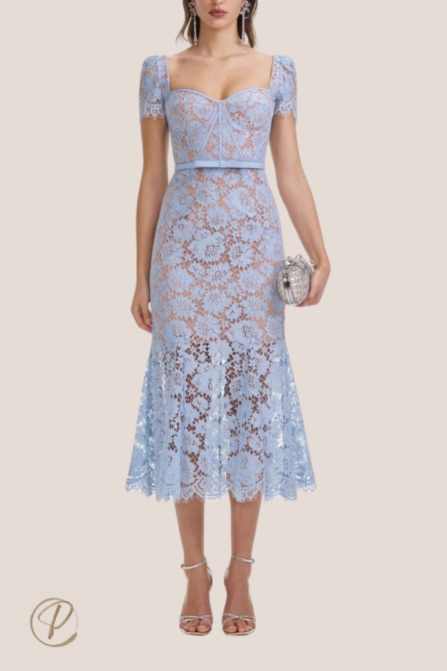 Kuplu Mavi Midi Dantel Tasarım Elbise