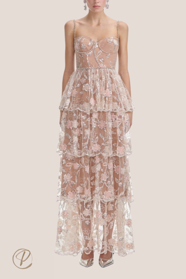 Kristal Askılı İşlemeli Pileli Premium Maksi Elbise