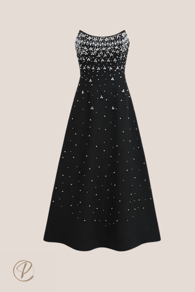 Kristal Taşlı Straplez Siyah Midi Tasarım Elbise