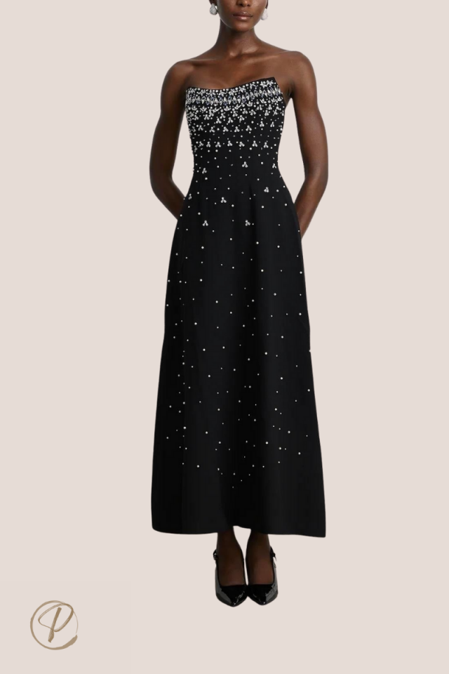 Kristal Taşlı Straplez Siyah Midi Tasarım Elbise