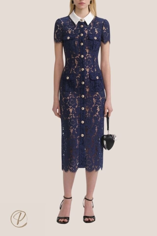 Kısa Kollu Lacivert Cepli Düğmeli Midi Dantel Tasarım Elbise