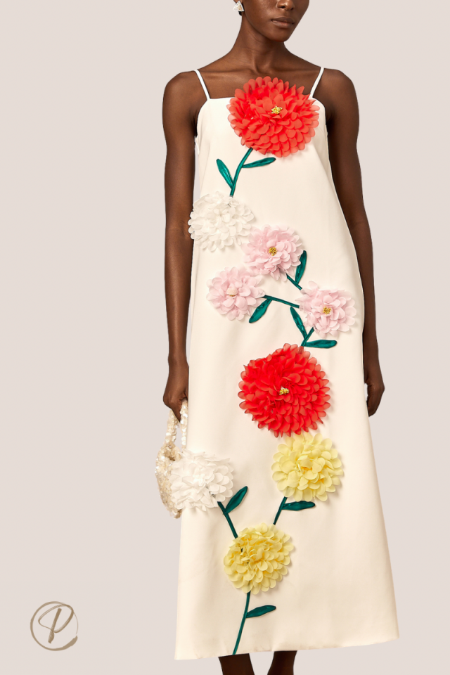 Üç Boyutlu Çiçekli Midi Elbise